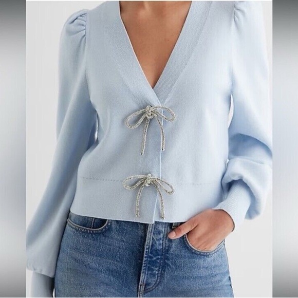Express Tops - EXPRESS V-Neck Embellished Bow Cardigan - Light Blue SOLD OUT ONLINE Large